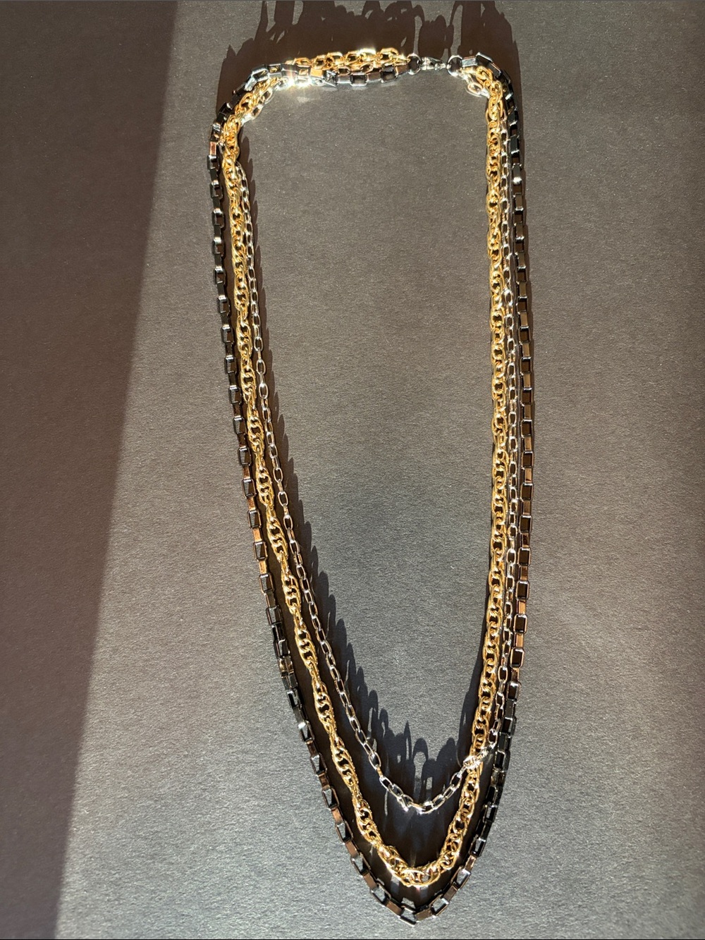 Mixed Metal Layered Tri-Chain Necklace with matching earrings! EUC!